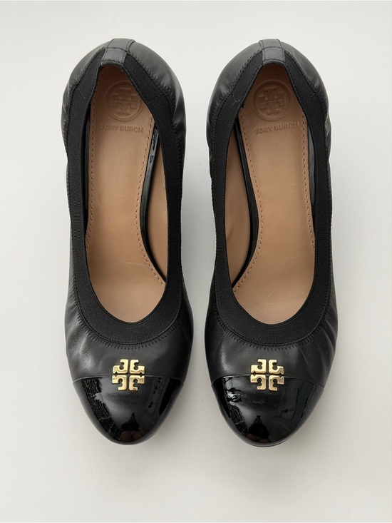 Tory Burch Shoes - Tory Burch Black Leather Cap-Toe Wedge Heels